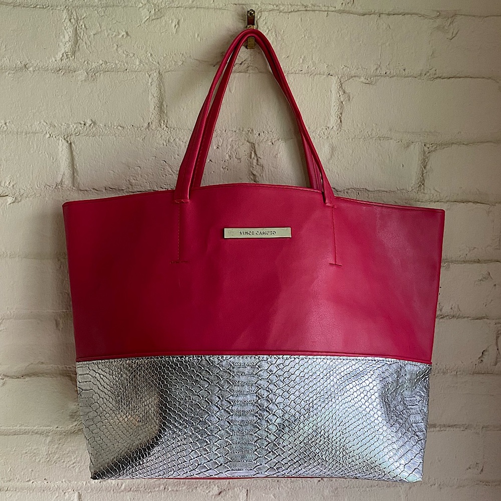 Vince Camuto hot pink salmon colored silver tote bag
